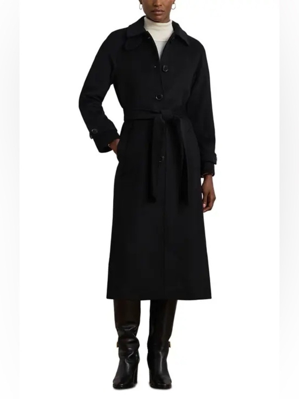 NWOT Lauren Ralph Lauren Black Wool Blend Belted Maxi Trench Coat Size 14W